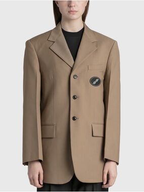 We11done Unisex Oversized Beige Single-Breasted Logo Suit Blazer